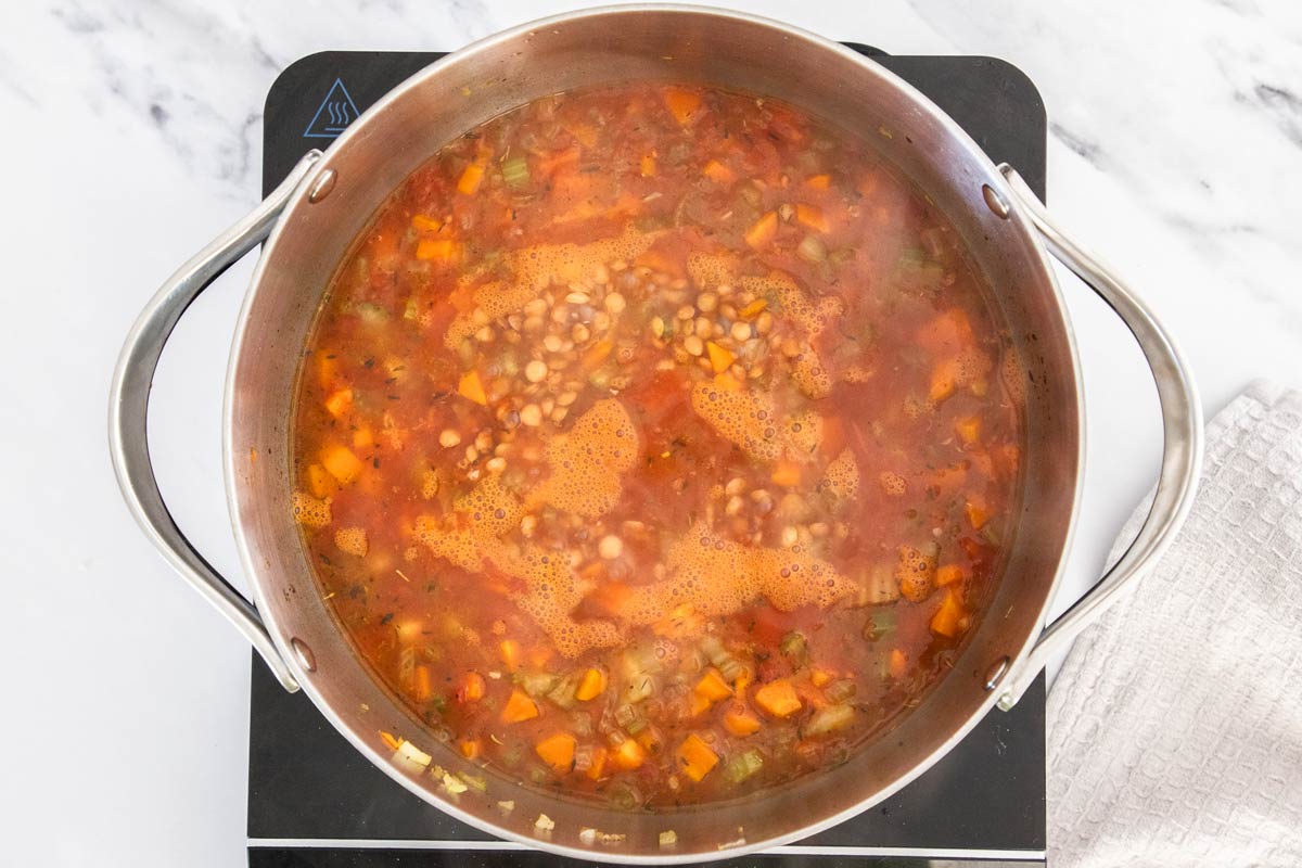 Overhead photo lentils, canned tomatoes, and broth simmering with sautéd vegetables in a stainless steel saucepan.